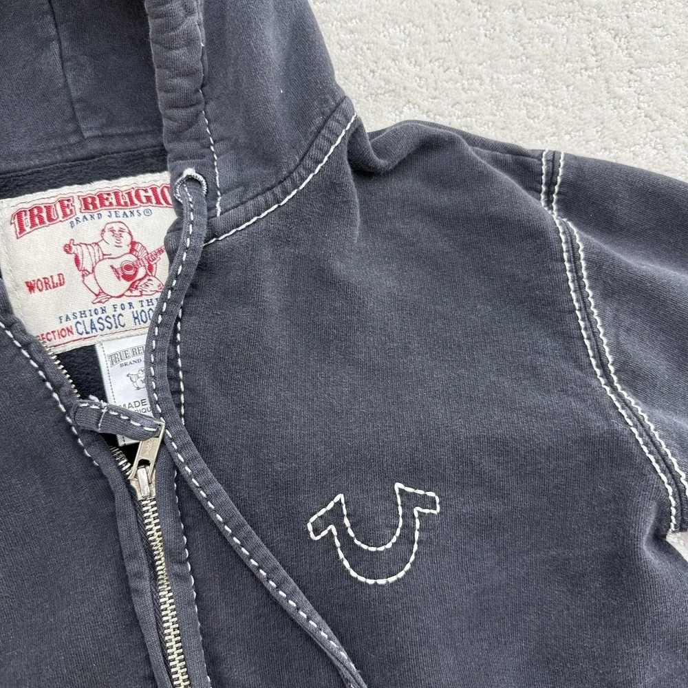 True Religion Y2K Classic Zip Hoodie‎ Faded Black Contrast Stitch USA S $168
